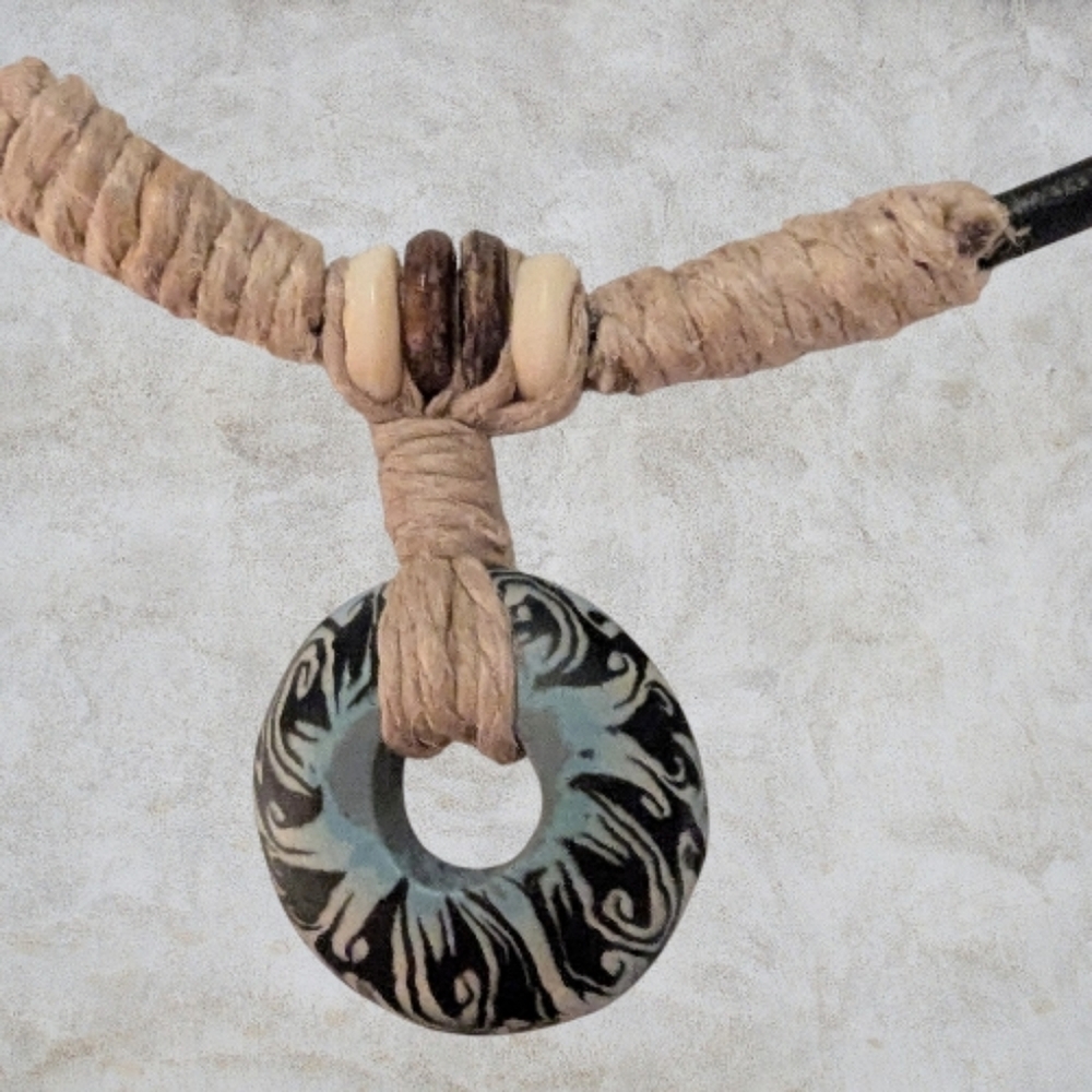 Hemp Macrame Polymer Clay Sunburst Pendant Necklace. Unisex.